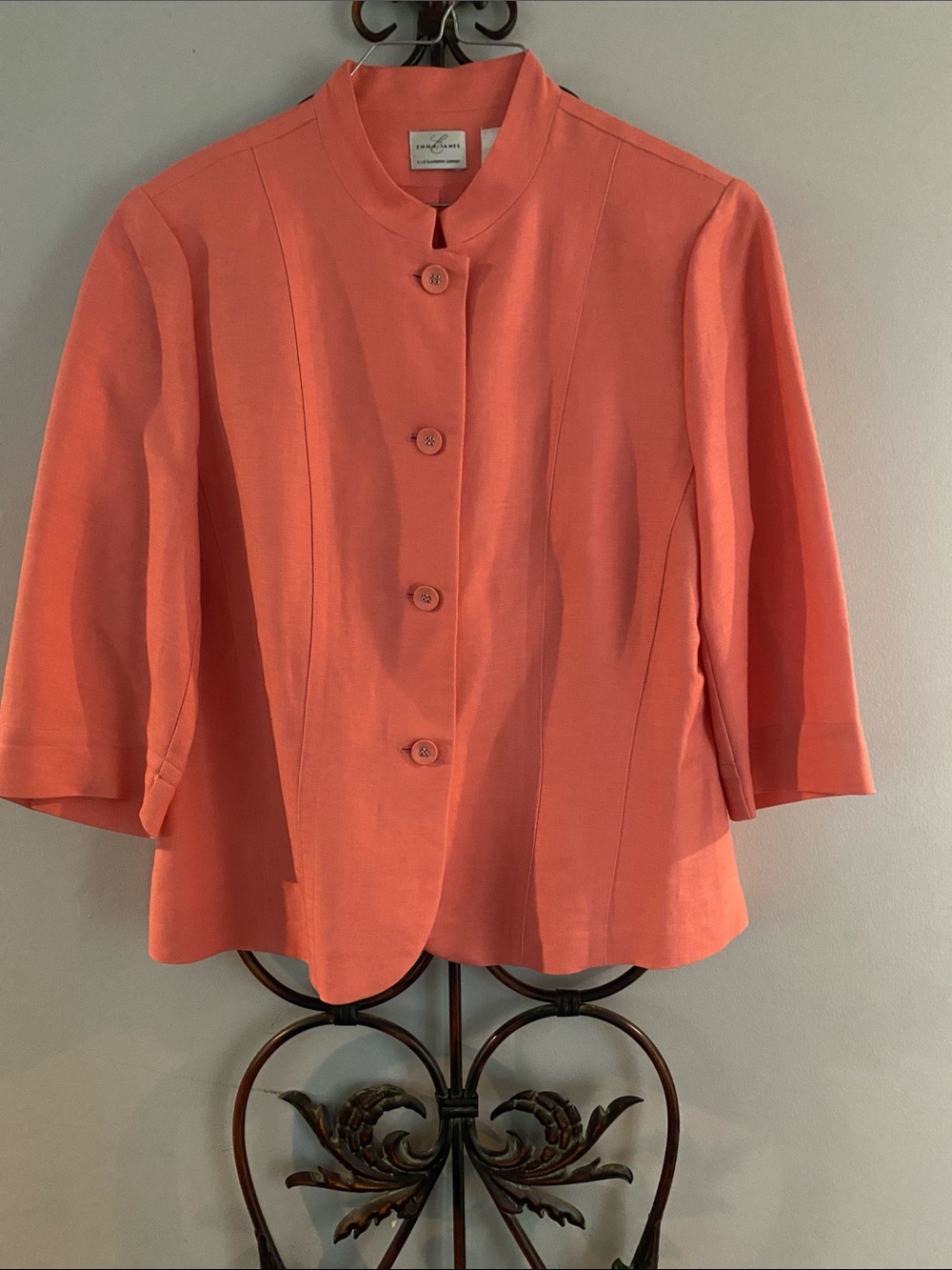 Emma James Coral Button-Front Mandarin Collar Jacket